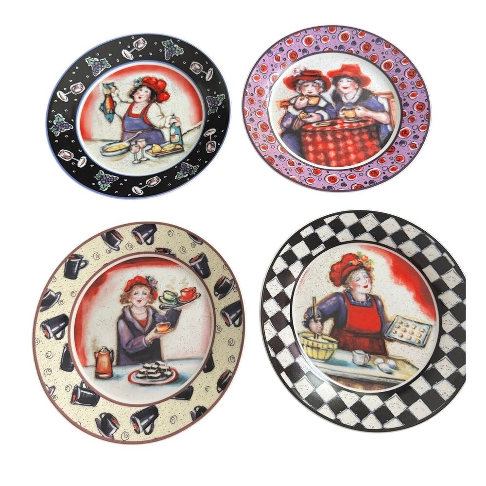 Full Set Of 4 Red Flamboyance 2004 Julie Ueland Enesco Red Hat Society Plates - Picture 5 of 5